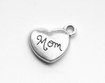 Silver MOM heart charm, qty 4+, plated, lead-free,18x15mm, for necklaces, bracelets, wraps, mother jewelry, mother's day gift (26-1c)