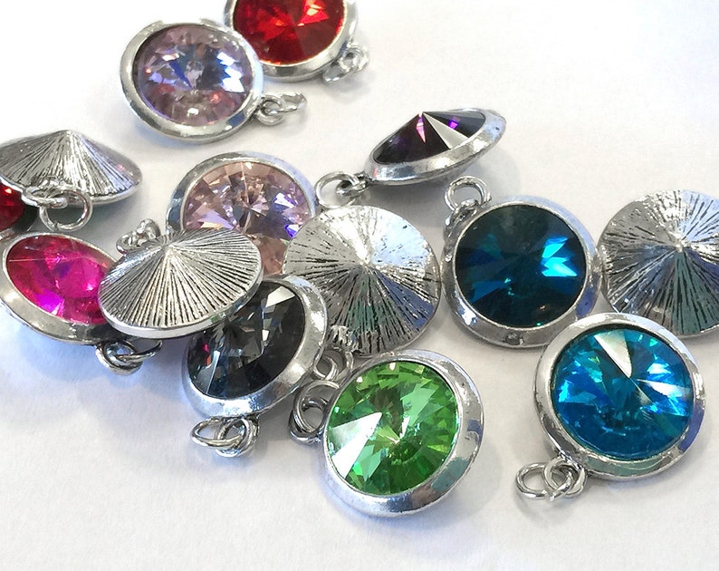 Birthday Dangle charms for bracelets earrings Glass in beautiful silver pendant setting 18mm designer birthstone rivoli crystal charms