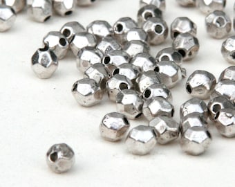 Antiqued Silver metal nugget beads. Facet metal nugget spacer beads. Tiny 3mm. For beaded leather wrap bracelet. Jewelry supplies (WD10-k)