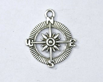 COMPASS ROSE charms for pendants, bangles - QTY 10+.  antiqued silver plated, travel, wanderlust, graduation, beach ocean, map, sail (WD19)