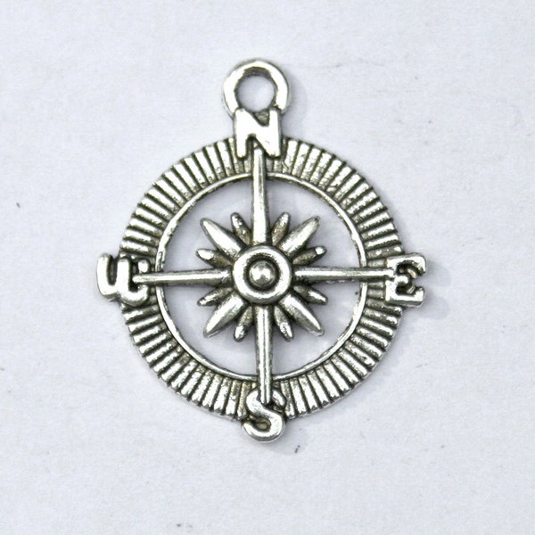 COMPASS ROSE charms for pendants, bangles - QTY 10+.  antiqued silver plated, travel, wanderlust, graduation, beach ocean, map, sail (WD19)