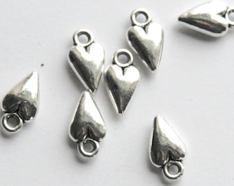 Silver heart charms - long skinny puffy - for bracelets, rings, earrings, pendants- QTY 5+. For chain ends. silver plated small tiny (3-1)