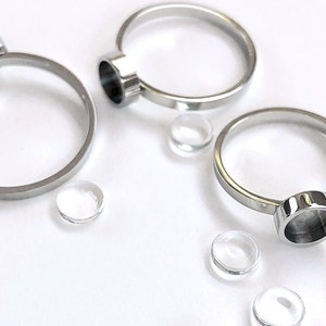 Stainless steel RING with 6mm bezel setting. 6 sizes. Flat wire. Stacking.Unique Beautiful nontarnish, photo jewelry. Optional glass. (Y22)