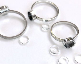 Stainless steel RING with 6mm bezel setting. 6 sizes. Flat wire. Stacking.Unique Beautiful nontarnish, photo jewelry. Optional glass. (Y22)