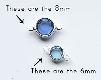 NEW larger Size Swarovski channel CONNECTORS- 8mm birthstone charms. SILVER 2 loops. Links for bracelets/ necklaces. Mother's day 15mm (WD2)