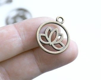 Lotus charm, qty 4+, Antiqued bronze tone, filigree circle,  20x24 mm, for necklaces, bracelets, wraps. Waterlily. Yoga Jewelry boho (2-18b)