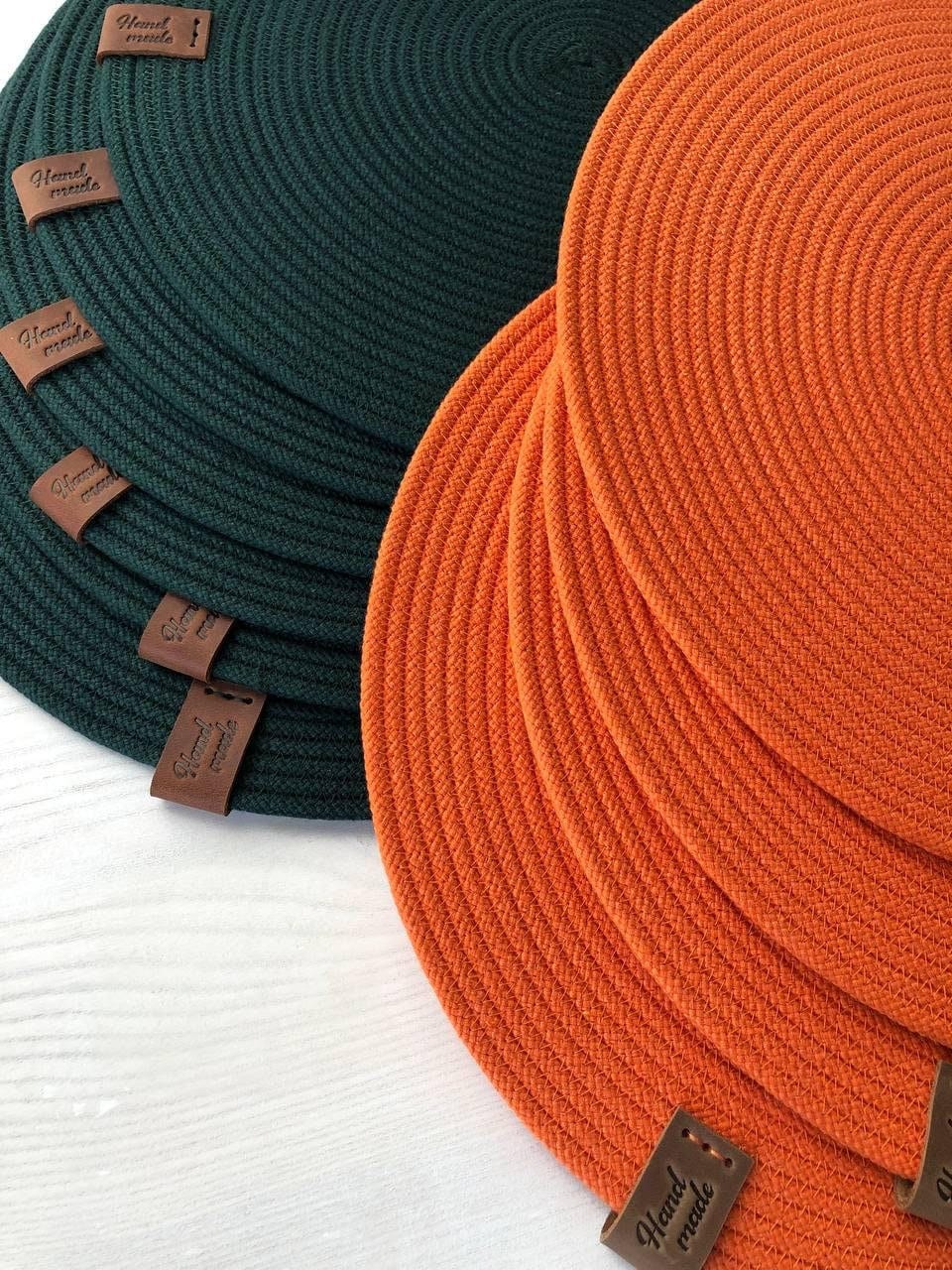 Handmade Round Cotton Rope Placemats – Emerald Green & Orange Placemats and Coasters, Dining Table Decor, 30cm Round Placemats