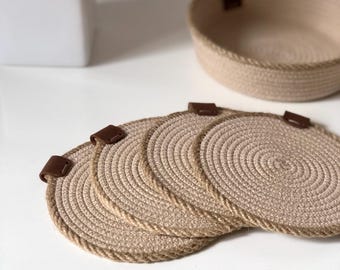 Cotton Rope Rustic Coasters, Natural Jute Coasters, Coasters Set of 4/6 + Bowl, Cotton Rope Drinks Coasters