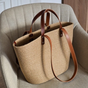 Handmade Jute Market Tote: Cognac Leather Straps, Large Beach Bag