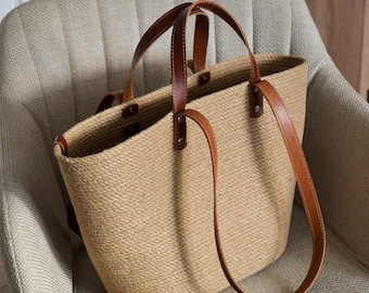Handmade Jute Market Tote: Cognac Leather Straps, Large Beach Bag