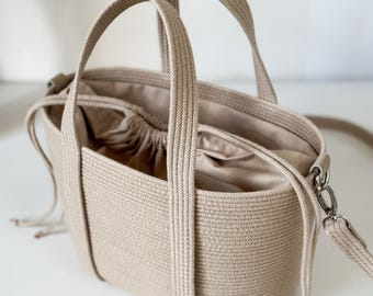 Bolso bandolera beige de uso diario: bolso de cuerda hecho a mano para mujer