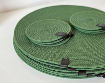 Washable Green Round Cotton Rope Dining Placemats and Coasters - Colorful Modern Minimalist Table decor