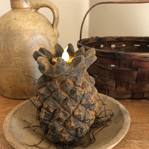 Blackened Beeswax Pineapple Flicker Light #574~Primitive~Welcome~Colonial~