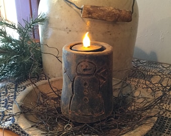 Blackened Beeswax Snowman Flicker LIght #439 ~Winter~Primitive~Cupboard Tuck