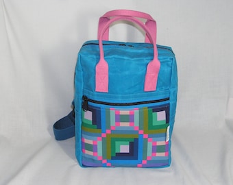 Bright Blue Waxed Canvas Mini Making Backpack with Grid Print Pocket