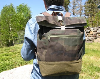 Waxed Canvas Backpack in Camouflage and Brown