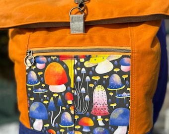 Waxed Canvas Backpack in Orange with Mushroom Pocket