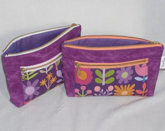 Violet Flower Grid Waxed Canvas Devon Pouch