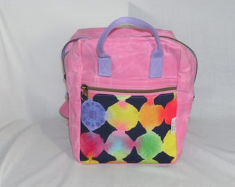 Pink Waxed Canvas Mini Making Backpack with Rainbow Print Pocket