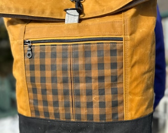 Waxed Canvas Backpack in Curry with Ginger Gingham Pocket