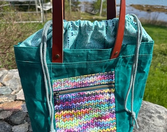 Faux Knit Stitch and Teal Waxed Canvas Firefly Tote