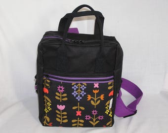 Black Waxed Canvas Mini Making Backpack with Scandi Floral Pocket