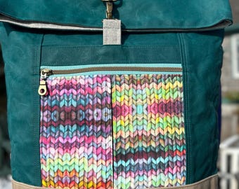 Waxed Canvas Backpack in Teal and Faux Knit Stitch