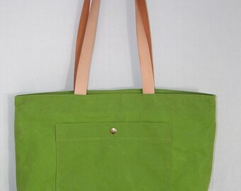 Zippered Pepin Tote in Lime Waxed Canvas with Leather Straps