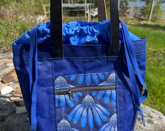 Blue Coneflower and Cobalt Waxed Canvas Firefly Tote