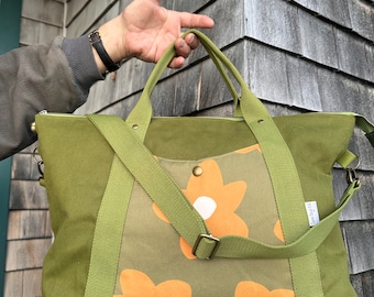 Oxbow Overnight Tote in Matcha Green Twill with Orange Floral