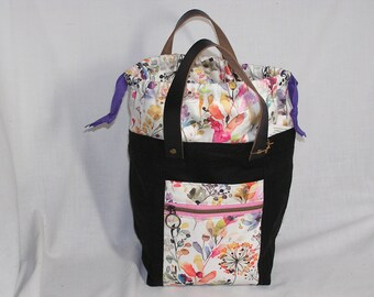 Watercolor Floral Firefly Project Bag in Black Dry Oilskin