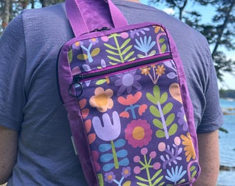 Violet Waxed Canvas Sandhill Sling with Floral Grid Front Pocket