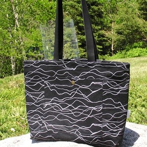 Black Scribble Zippered Pepin Tote with Leather Straps image 1