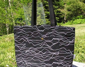 Black Scribble Zippered Pepin Tote with Leather Straps