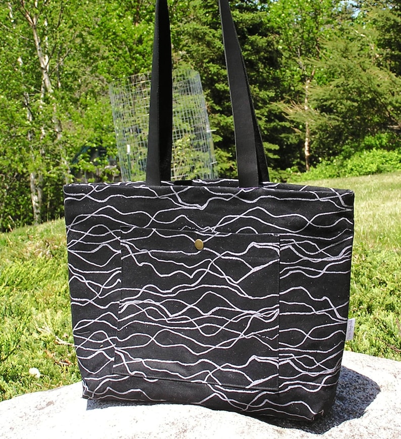 Black Scribble Zippered Pepin Tote with Leather Straps image 1