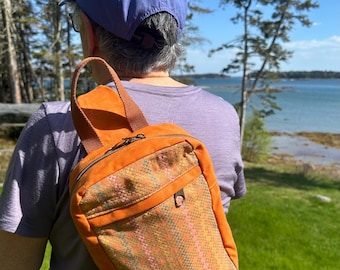 Orange Waxed Canvas Sandhill Sling with Amaretto Mosaic Woven Front Pocket