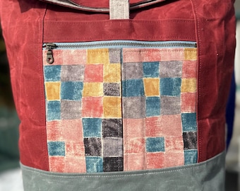 Waxed Canvas Backpack in Burgundy and Checkerboard Plaid