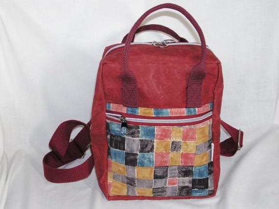 Burgundy Canvas Backpack with Patterned Front Pocket Rateoe Vintage Burgundy Pattern Durable Canvas Backpack for  main image 3