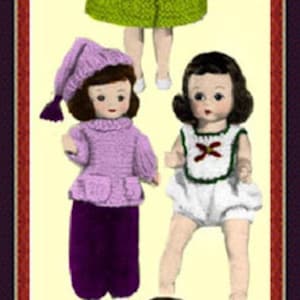 May include: Knitting pattern for 7-8 inch dolls. The pattern includes four different doll outfits: a green coat, a purple sweater and pants, a white dress, and a blue dress. The pattern is from Retro Shoppe.