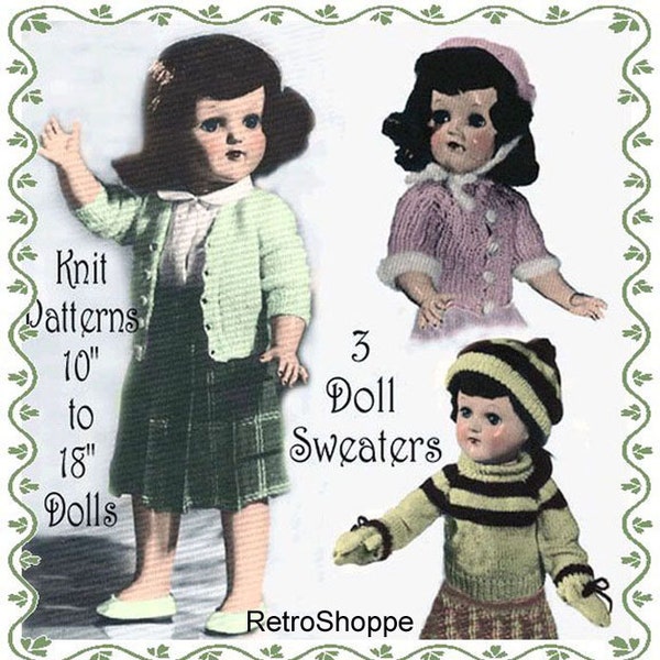 Vintage 1950's Three Styles Doll Sweaters Knit Patterns Fit 10"-18" Teen Dolls Toni