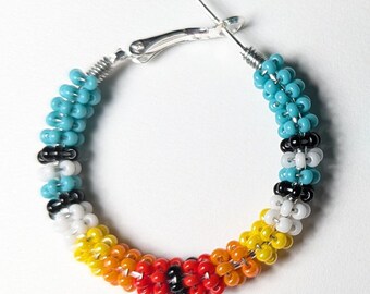 Turquoise & Multi Color Design/Czech Glass Bead/ Wire Wrapped, Sterling Silver plated 1" Hoops/ Hand Made in Alabama