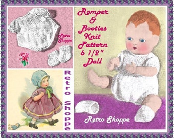 Vintage 1950's Short Romper & Booties Knit Pattern for 6 1/2" Dolls Rosebud Ellery