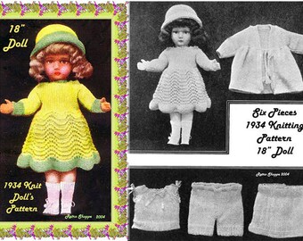 Vintage 1934 Six Piece Wardrobe Knitting Pattern Dress Hat Undies Fits 18" Dolls