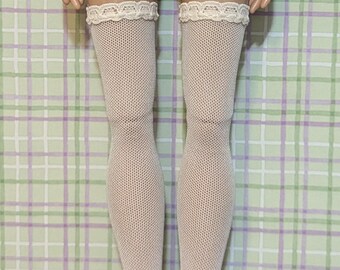 Ready to Wear Sheer Ivory Lace Bikini and Thigh High Tiny Fishnet Stockings Fit DeeAnna Denton Peggy Harcourt Lara Croft 17"