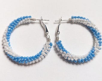 White and Light Blue Swirl Design Earrings / Czech Glass Bead/ Wire Wrapped, Sterling Silver plated 1" Hoops/ Hand Made in Alabama