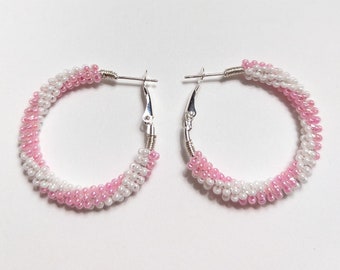White Luster and Pink Ceylon Swirl Design Earrings / Czech Glass Bead/ Wire Wrapped, Sterling Silver plated 1" Hoops/ Hand Made in Alabama