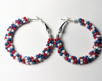 Red, White and Blue Design/Czech Glass Bead/ Wire Wrapped, Sterling Silver plated 1" Hoops/ Hand Made in Alabama