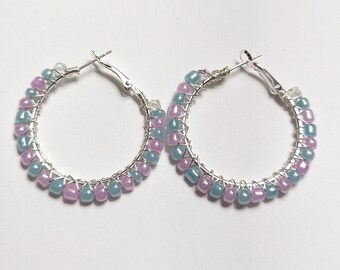 Seafoam Green and Light pink Wire Wrapped Designed Earrings/ Sterling Silver plated 1" Hoops/ Hand Made in Alabama