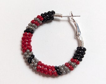 Red, Gray and Black Striped Designed Earrings/Czech Glass Bead/ Wire Wrapped/ Sterling Silver plated 1" Hoops/ Hand Made in Alabama