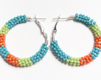 Tropical Vibes Striped Designed Earrings/Czech Glass Bead/ Wire Wrapped/ Sterling Silver plated 1" Hoops/ Hand Made in Alabama